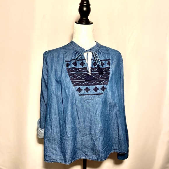 Blue Anthro Denim Chambray Embroidered Swing Tassel Blouse - Picture 5 of 13